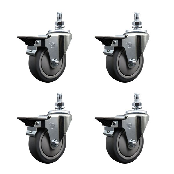4 Inch Thermoplastic Rubber 10 MM Threaded Stem Caster Set with Brake